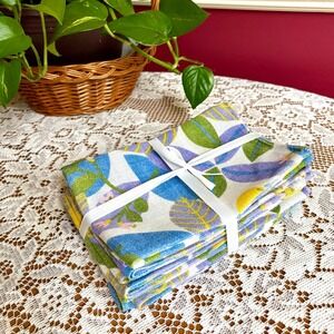 Vintage Handmade Linen Napkins Set of 8 Blue Yellow Flowers & Pears Print 16"
